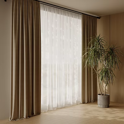 Brown Curtains With White Sheer Panels In Modern Interior With Green Plant And Wooden Wall 3d model