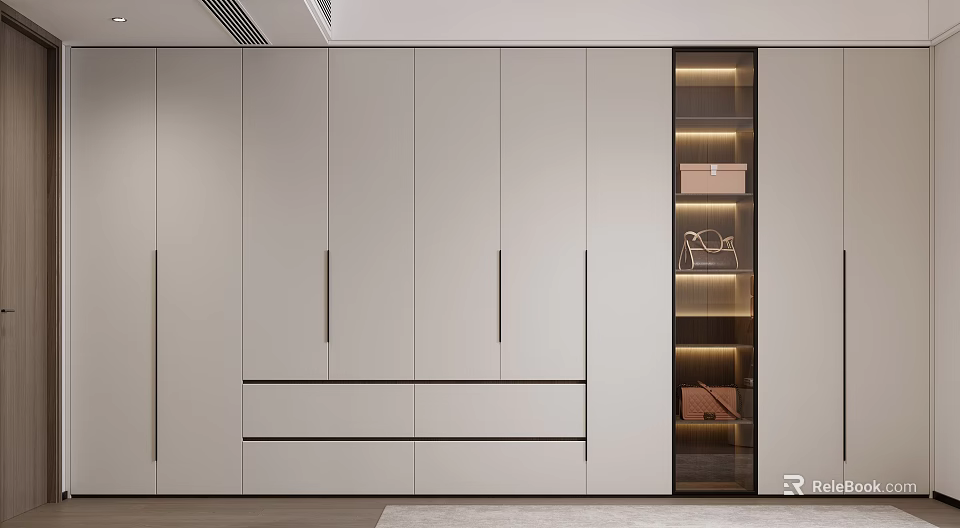 Modern Minimalist Full Wall Wardrobe With Glass Display Zone And Warm Embedded LED Lighting 3d model 