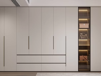 Modern Minimalist Full Wall Wardrobe With Glass Display Zone And Warm Embedded LED Lighting 3d model