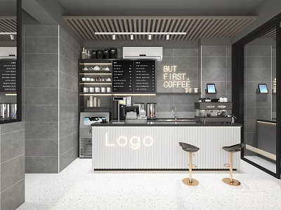 Modern Milk Tea Shop Interior With Counter Logo Menu Board And Appliances 3d model