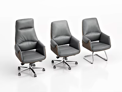 Three Modern Gray Leather Office Chairs With Swivel Casters And Metal Bases 3d model