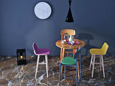 Vibrant Bar Table With Round Clock Black Pendant Light Colorful Chairs And Marble Floor 3d model