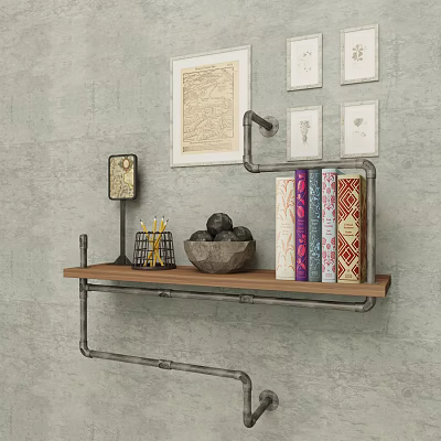 Wall mounted Shelf with Wooden Metal Frame Books Bowl Pencil Holder on Gray Wall Framed 3d model