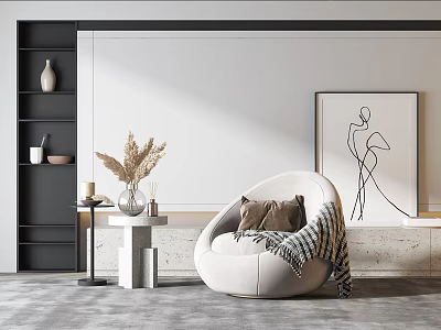 Elegant Modern Single Sofa With Soft White Fabric And Abstract Art Decor Elements 3d model