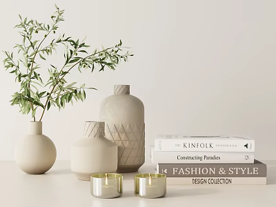 Decorative Ornaments Set Including Olive Branch Ceramic Vases Glass Candles Stacked Books for Home Decor 3d model