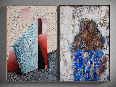 Abstract Wall Art with Geometric Shapes and Textured Surfaces in Red Blue and Gray 3d model
