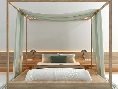 Double Bed Four Poster Frame with Light Green Canopy Curtains Wooden Headboard Nightstands and Table Lamps 3d model