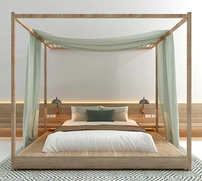 Double Bed Four Poster Frame with Light Green Canopy Curtains Wooden Headboard Nightstands and Table Lamps 3d model