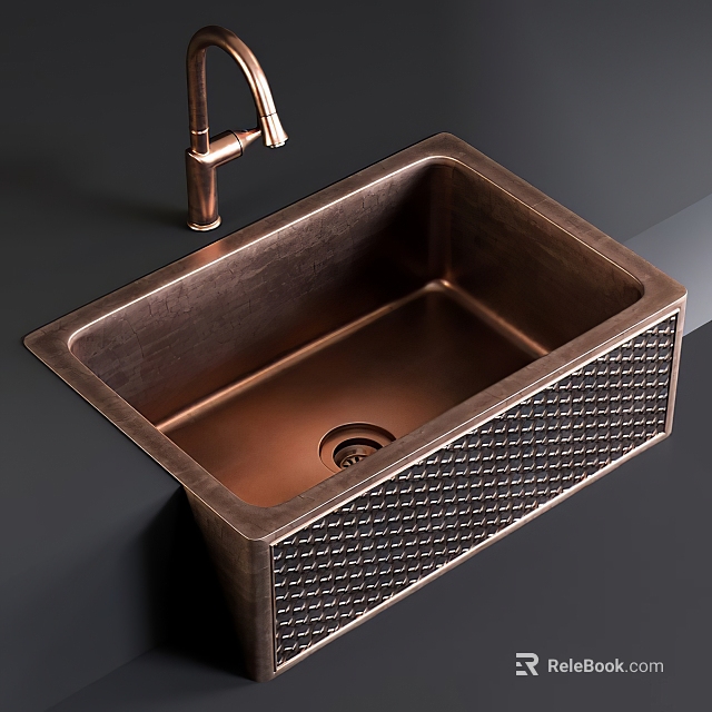 Copper Kitchen Sink With Diamond Patterned Sides And Matching Faucet 3d model 