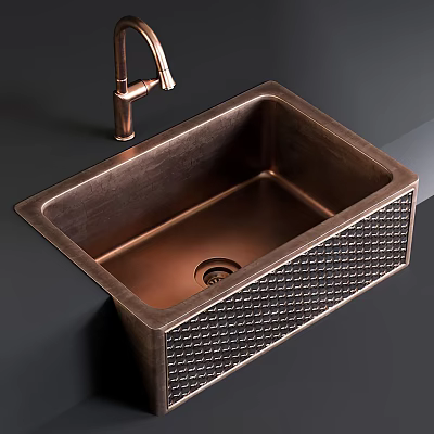 Copper Kitchen Sink With Diamond Patterned Sides And Matching Faucet 3d model