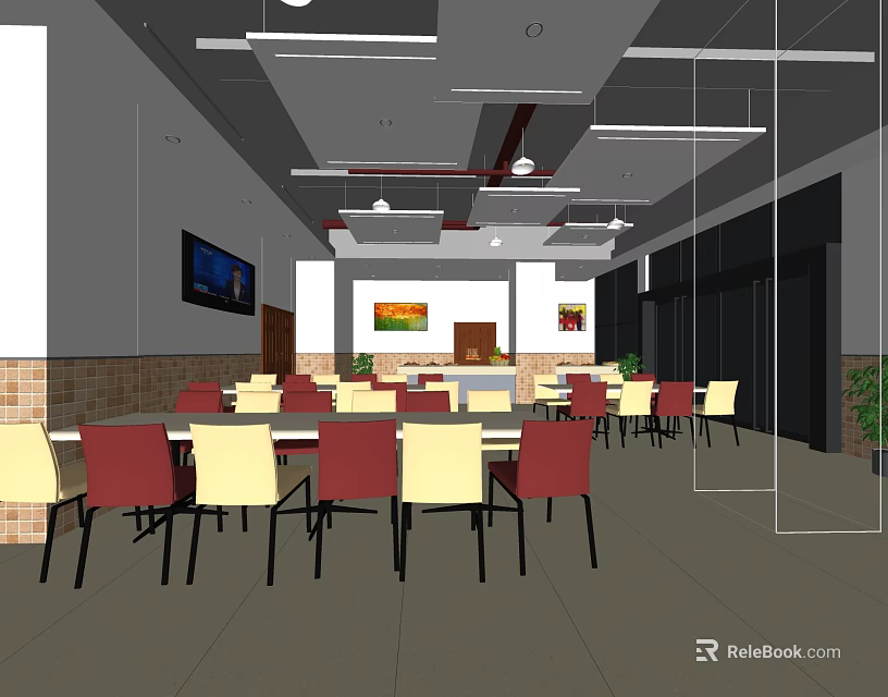 Modern Restaurant Interior Design With Red Yellow Chairs White Tables Wall TV And Decorative Paintings 3d model 