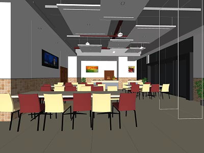 Modern Restaurant Interior Design With Red Yellow Chairs White Tables Wall TV And Decorative Paintings 3d model
