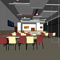 Modern Restaurant Interior Design With Red Yellow Chairs White Tables Wall TV And Decorative Paintings