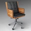 Office Chair With Black Leather Tufted Back And Wooden Armrests On Wheels