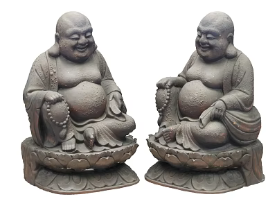 Two Smiling Buddha Sculptures Hand Carved With Lotus Base And Beads 3d model