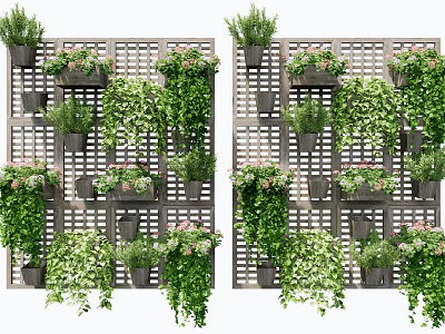 Decorative Lattice Room Divider With Hanging Green Plants And Flower Pots Design 3d model