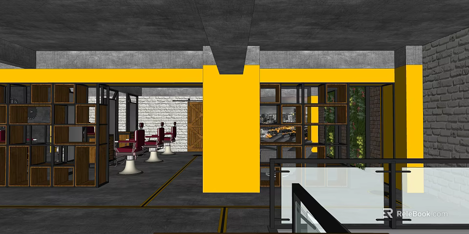 Modern Beauty Salon Interior With Red Styling Chairs Yellow Pillar And Glass Partitions 3d model 