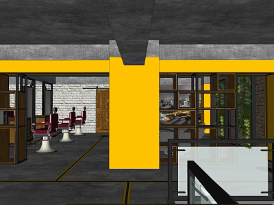 Modern Beauty Salon Interior With Red Styling Chairs Yellow Pillar And Glass Partitions 3d model