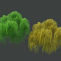 Garden Landscape Featuring Green And Yellow Willow Trees With Drooping Branches