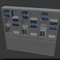 White Bookcase With Glass Doors Blue Folders Books Drawers And Cabinets