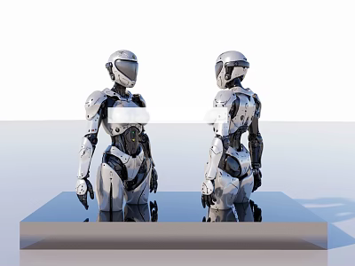 Two Silver Metallic Robot Sculptures Standing on Blue Platform with White Background 3d model