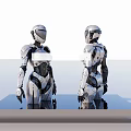 Two Silver Metallic Robot Sculptures Standing on Blue Platform with White Background 3d model
