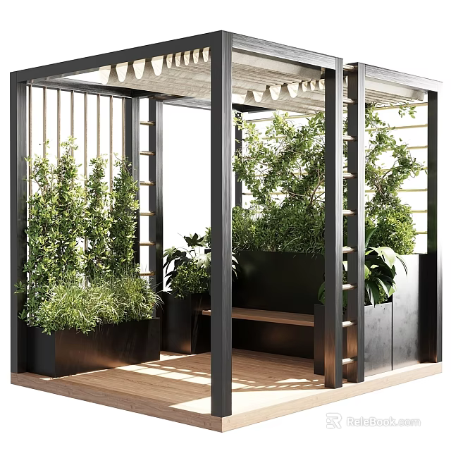 Modern Outdoor Black Metal Frame Structure With Wooden Deck Greenery Bench And Planters 3d model 