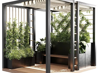 Modern Outdoor Black Metal Frame Structure With Wooden Deck Greenery Bench And Planters 3d model