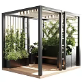 Modern Outdoor Black Metal Frame Structure With Wooden Deck Greenery Bench And Planters