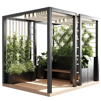 Modern Outdoor Black Metal Frame Structure With Wooden Deck Greenery Bench And Planters 3d model