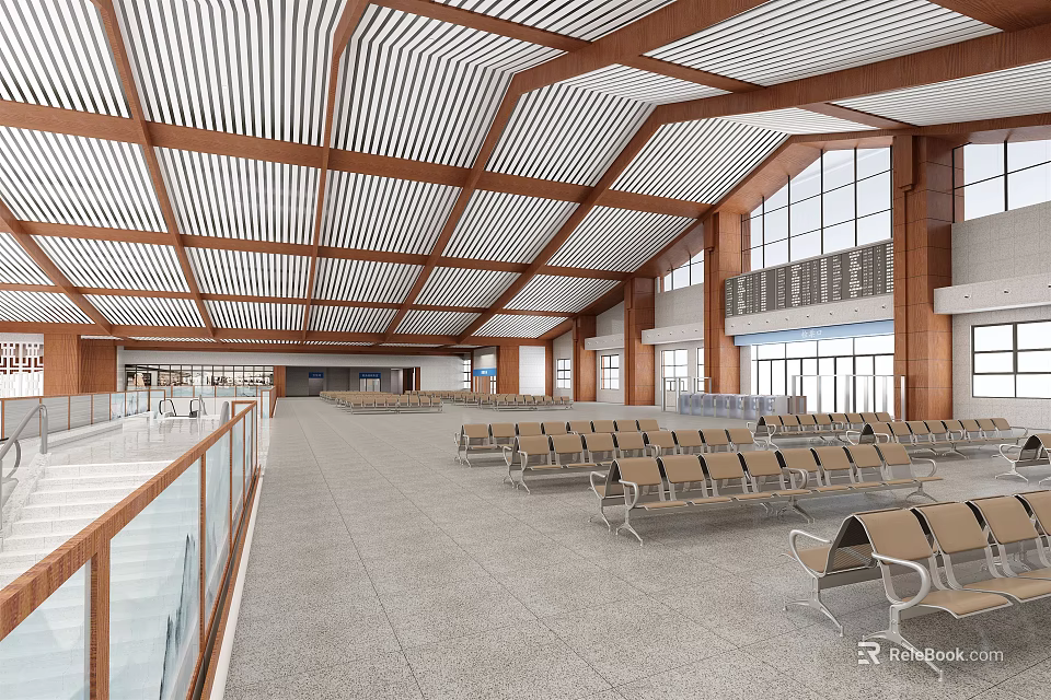 Modern Station Waiting Hall With Spacious Interior Wooden Ceiling And Seats 3d model 