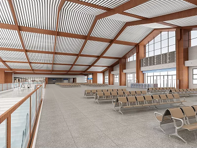 Modern Station Waiting Hall With Spacious Interior Wooden Ceiling And Seats 3d model
