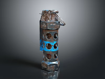 Rusty Metal Weapon Component With Cylindrical Structure Circular Holes And Blue Accents 3d model