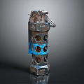 Rusty Metal Weapon Component With Cylindrical Structure Circular Holes And Blue Accents