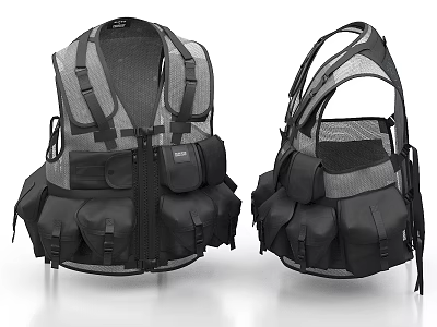 Gray And Black Tactical Vest With Multiple Pockets Adjustable Straps And Mesh Design 3d model