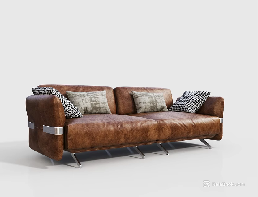 Modern Brown Leather Two-Seater Sofa with Patterned Pillows and Metal Legs 3d model 