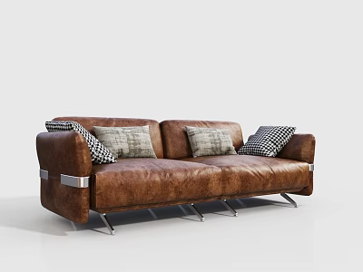 Modern Brown Leather Two-Seater Sofa with Patterned Pillows and Metal Legs 3d model