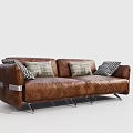 Modern Brown Leather Two-Seater Sofa with Patterned Pillows and Metal Legs 3d model
