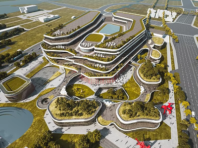 Modern Commercial Complex Featuring Curved Terraced Green Roofs and Waterfront Landscape 3d model