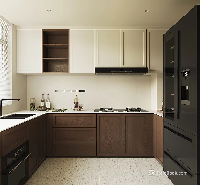 Modern Kitchen Interior Design With White Brown Cabinets Black Appliances And Countertop 3d model 