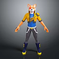 Stylized Anthropomorphic Fox Character with Yellow Blue Jacket Gray Pants Yellow Blue Boots