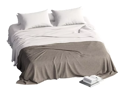 Double Bed With White Pillows White Sheets Gray Blanket And Stacked Books Nearby 3d model