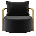 Round Brown Upholstered Single Sofa With Wooden Armrests And Black White Checkered Pillow
