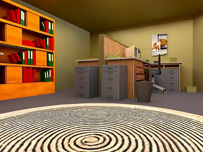 Orange Wooden Bookshelf With Red Green Books In Office With Desk Filing Cabinets And Rug 3d model