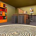 Orange Wooden Bookshelf With Red Green Books In Office With Desk Filing Cabinets And Rug