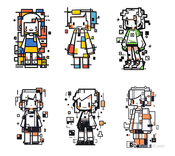 Colorful Pixel Art Wall Decor With Cartoon Characters And Geometric Elements 3d model 