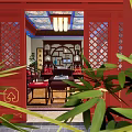 Traditional Chinese Style Teahouse with Red Gate Golden Door Nails Stone Lions and Red Lanterns