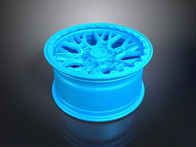 Blue 3D Rendered Wheel Rim With Stylish Spokes And Reflective Surface On Dark Backdrop 3d model