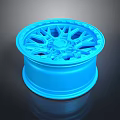Blue 3D Rendered Wheel Rim With Stylish Spokes And Reflective Surface On Dark Backdrop