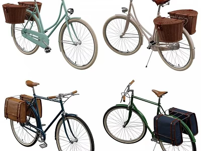 Colorful Vintage Bicycles With Wicker Baskets And Leather Travel Suitcases 3d model